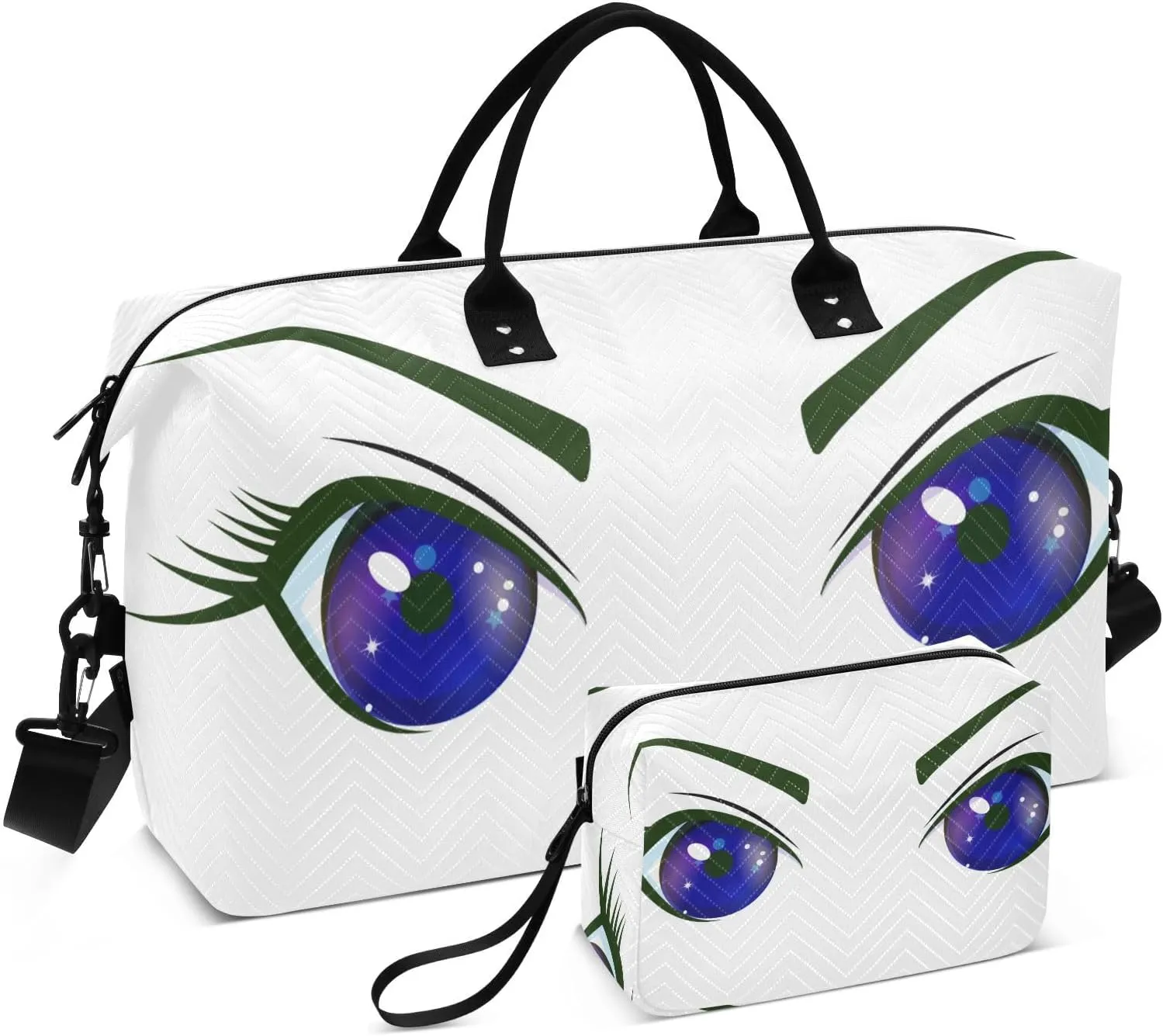 VIGTRO Travel Duffel Bag Weekender Overnight Bag with Toiletry Bag Cute Blue Angry Eyes Printed, Carry On Luggage Bag Cartoon Style for Hospital Gym Travel Business, 2 Pcs Set