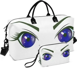 VIGTRO Travel Duffel Bag Weekender Overnight Bag with Toiletry Bag Cute Blue Angry Eyes Printed, Carry On Luggage Bag Cartoon Style for Hospital Gym Travel Business, 2 Pcs Set