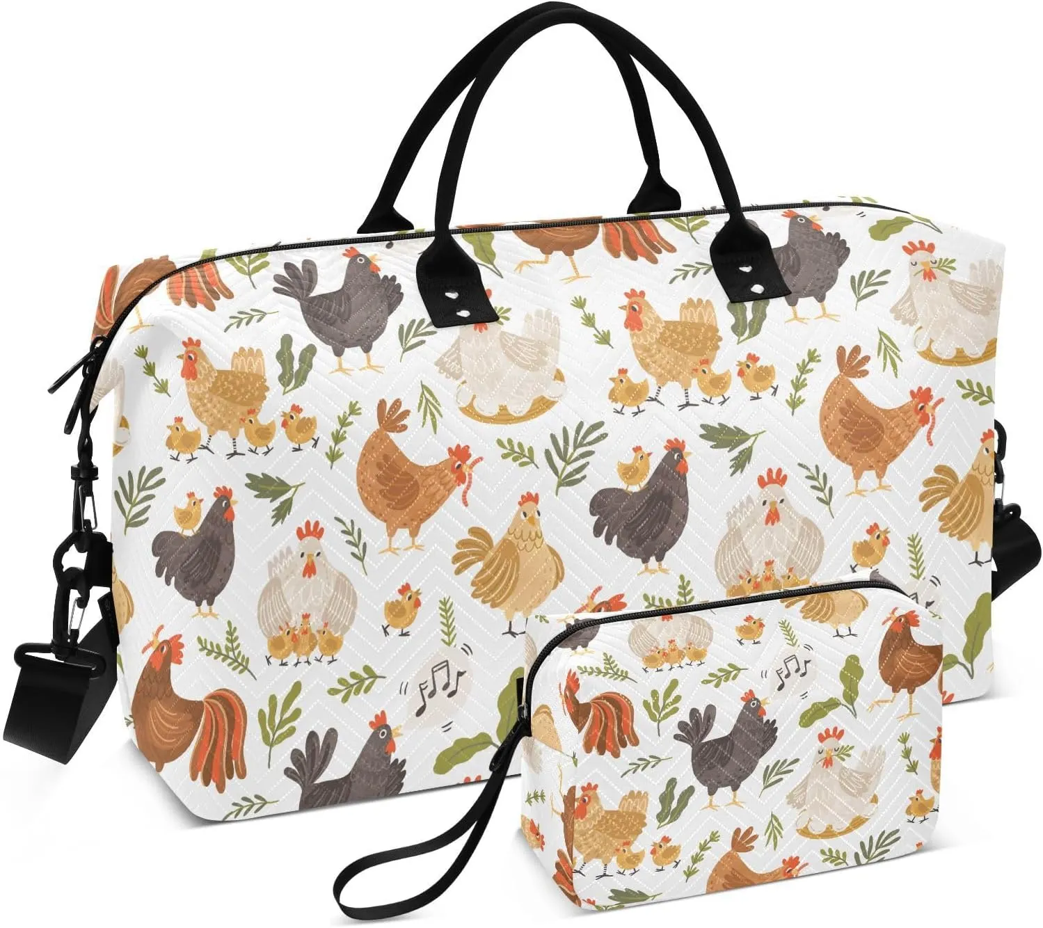 VIGTRO Travel Duffel Bag Weekender Overnight Bag with Toiletry Bag Cute Roosters Chickens Printed, Carry On Luggage Bag Cartoon for Hospital Gym Travel Business, 2 Pcs Set