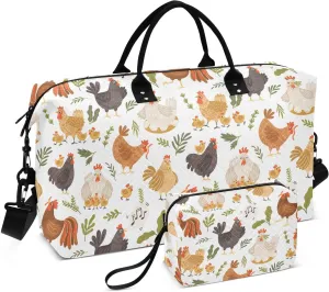 VIGTRO Travel Duffel Bag Weekender Overnight Bag with Toiletry Bag Cute Roosters Chickens Printed, Carry On Luggage Bag Cartoon for Hospital Gym Travel Business, 2 Pcs Set