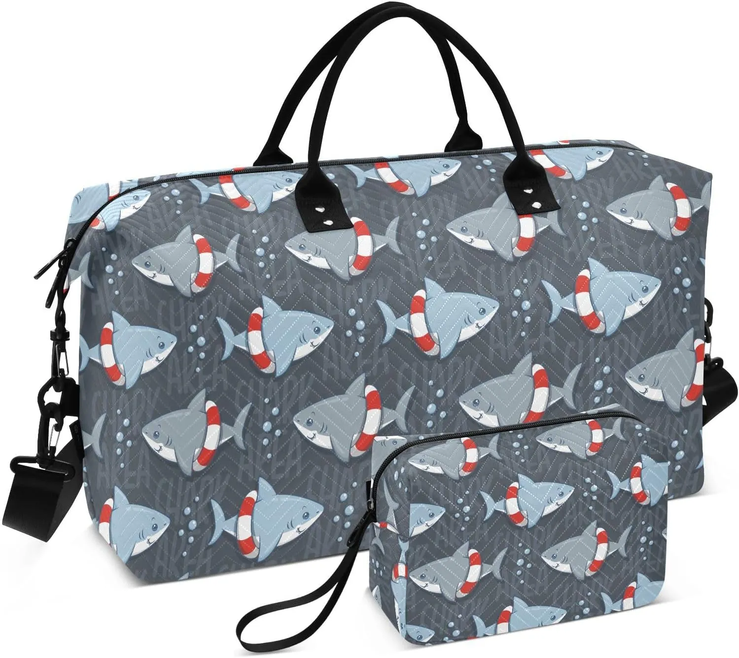 VIGTRO Travel Duffel Bag Weekender Overnight Bag with Toiletry Bag Cute Shark Swim Ring Printed, Carry On Luggage Bag Cartoon for Hospital Gym Travel Business, 2 Pcs Set