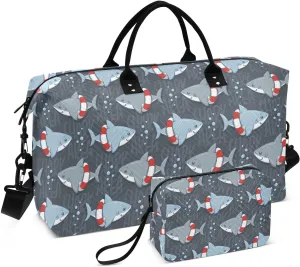 VIGTRO Travel Duffel Bag Weekender Overnight Bag with Toiletry Bag Cute Shark Swim Ring Printed, Carry On Luggage Bag Cartoon for Hospital Gym Travel Business, 2 Pcs Set