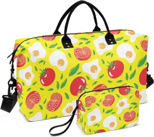 VIGTRO Travel Duffel Bag Weekender Overnight Bag with Toiletry Bag Fried Egg Tomato Fruit Printed, Carry On Luggage Bag for Hospital Gym Travel Business, 2 Pcs Set