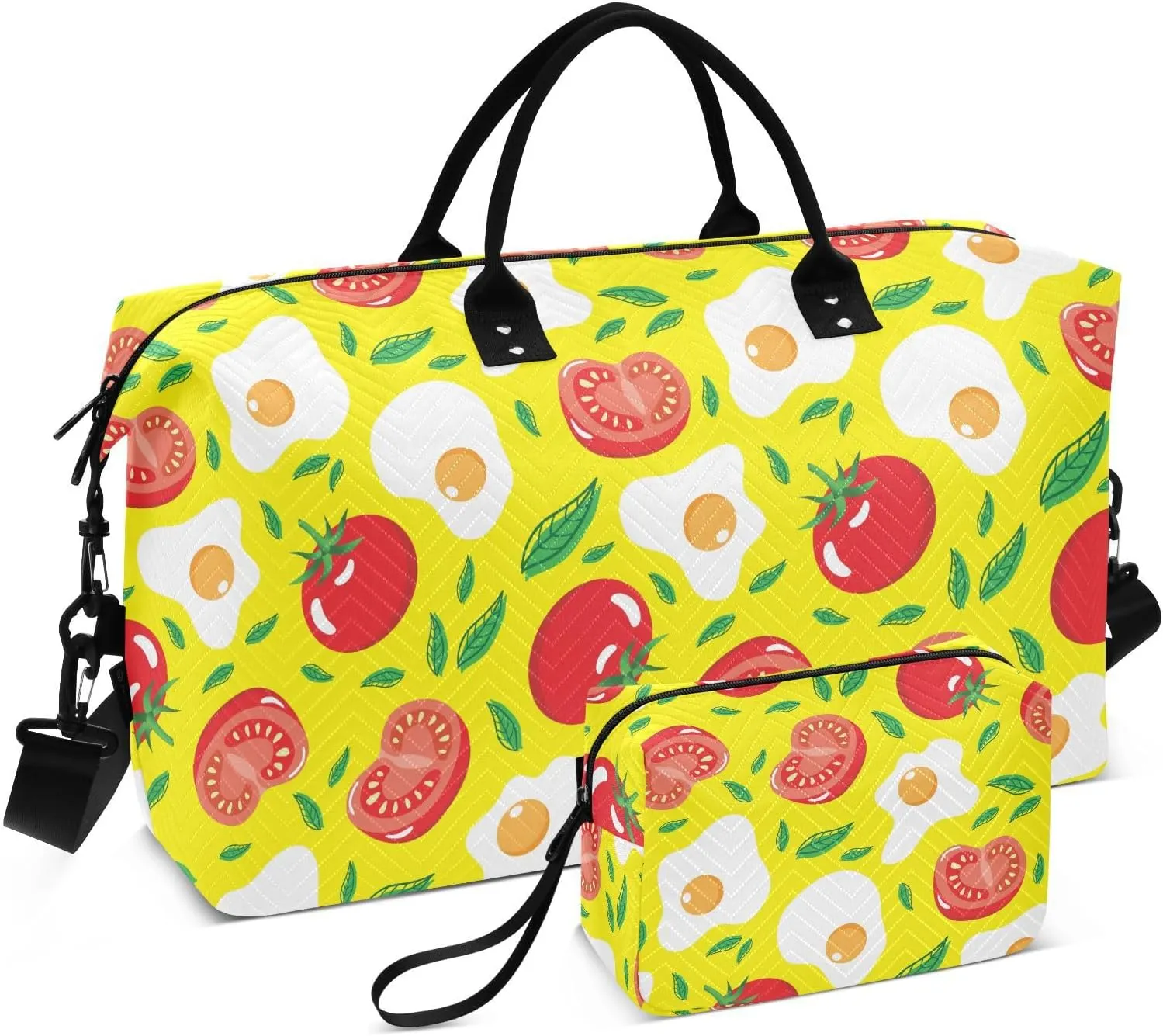 VIGTRO Travel Duffel Bag Weekender Overnight Bag with Toiletry Bag Fried Egg Tomato Fruit Printed, Carry On Luggage Bag for Hospital Gym Travel Business, 2 Pcs Set