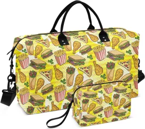 VIGTRO Travel Duffel Bag Weekender Overnight Bag with Toiletry Bag Fries Burger Chicken Leg Printed, Carry On Luggage Bag Fast Food for Hospital Gym Travel Business, 2 Pcs Set