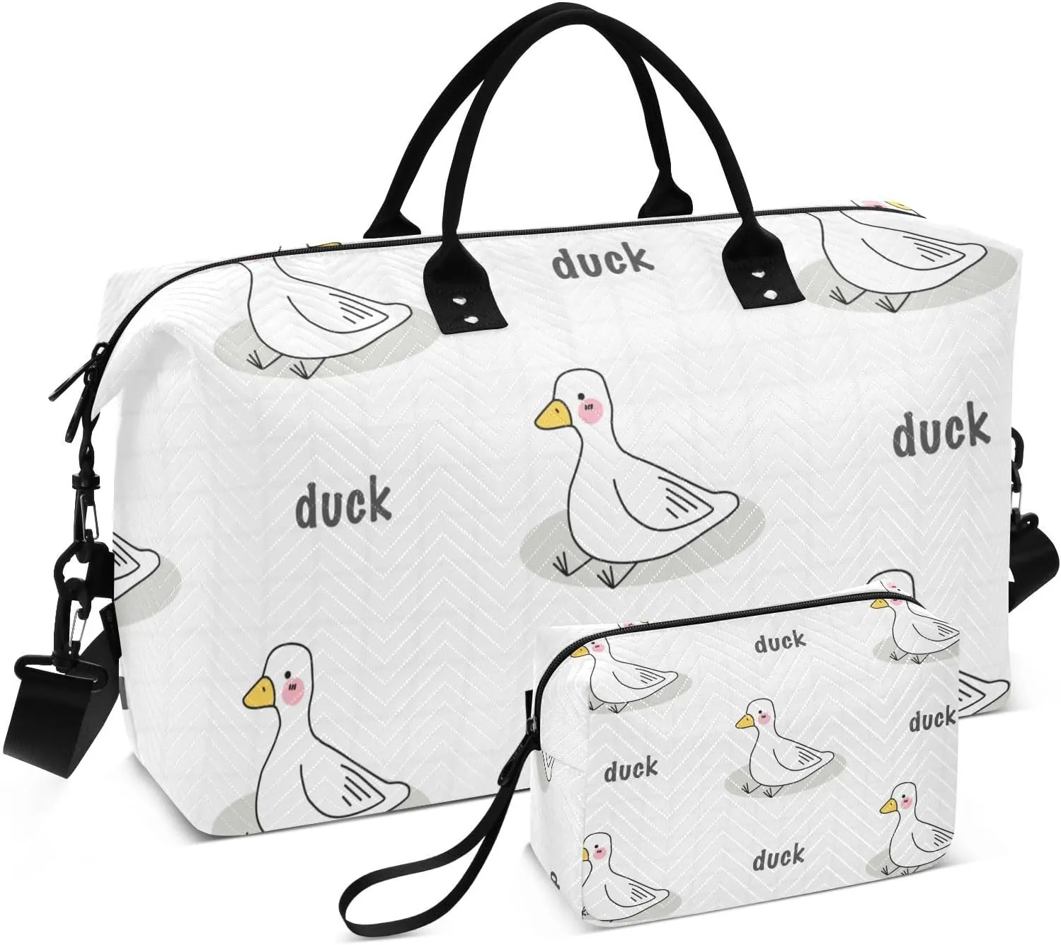 VIGTRO Travel Duffel Bag Weekender Overnight Bag with Toiletry Bag Geese Duck Cartoon Printed, Carry On Luggage Bag for Hospital Gym Travel Business, 2 Pcs Set