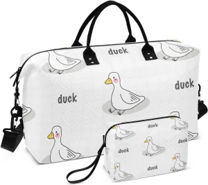 VIGTRO Travel Duffel Bag Weekender Overnight Bag with Toiletry Bag Geese Duck Cartoon Printed, Carry On Luggage Bag for Hospital Gym Travel Business, 2 Pcs Set