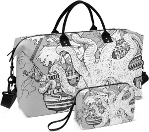 VIGTRO Travel Duffel Bag Weekender Overnight Bag with Toiletry Bag Giant Octopus Attacks Ship Printed, Carry On Luggage Bag for Hospital Gym Travel Business, 2 Pcs Set