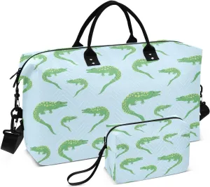 VIGTRO Travel Duffel Bag Weekender Overnight Bag with Toiletry Bag Green Alligator Pattern Printed, Carry On Luggage Bag for Hospital Gym Travel Business, 2 Pcs Set