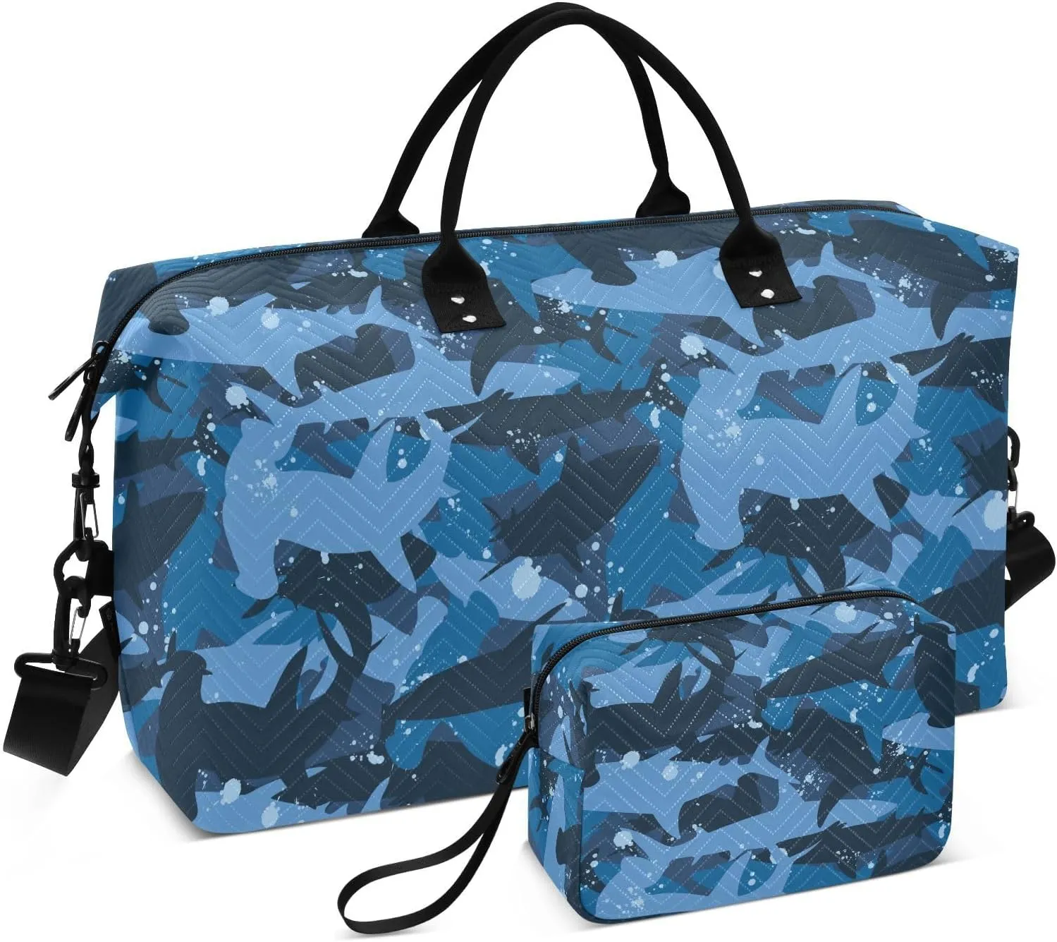 VIGTRO Travel Duffel Bag Weekender Overnight Bag with Toiletry Bag Hammerhead Shark Silhouette Printed, Carry On Luggage Bag for Hospital Gym Travel Business, 2 Pcs Set