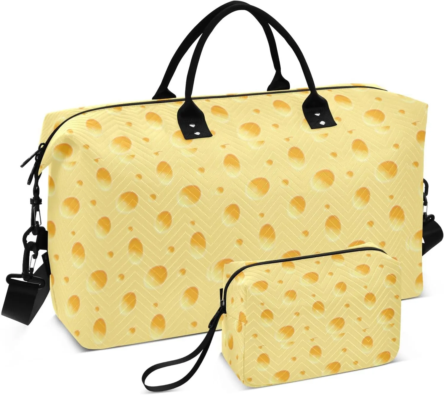 VIGTRO Travel Duffel Bag Weekender Overnight Bag with Toiletry Bag Hand Drawn Yellow Cheese Printed, Carry On Luggage Bag for Hospital Gym Travel Business, 2 Pcs Set