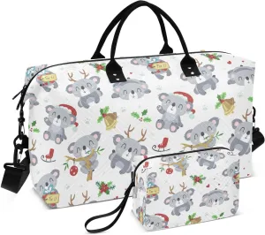 VIGTRO Travel Duffel Bag Weekender Overnight Bag with Toiletry Bag Koala Christmas Printed, Carry On Luggage Bag Kawaii Bell for Hospital Gym Travel Business, 2 Pcs Set