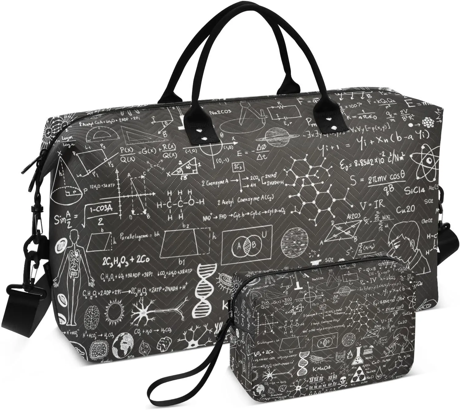 VIGTRO Travel Duffel Bag Weekender Overnight Bag with Toiletry Bag Math Formulas on Blackboard Printed, Carry On Luggage Bag for Hospital Gym Travel Business, 2 Pcs Set