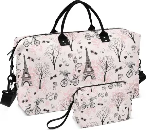 VIGTRO Travel Duffel Bag Weekender Overnight Bag with Toiletry Bag Paris City Romance Eiffel Tower Printed, Carry On Luggage Bag for Hospital Gym Travel Business, 2 Pcs Set