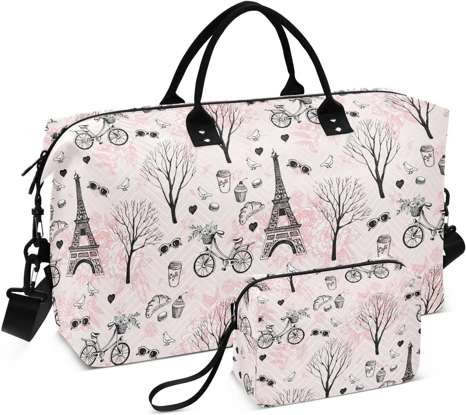 VIGTRO Travel Duffel Bag Weekender Overnight Bag with Toiletry Bag Paris City Romance Eiffel Tower Printed, Carry On Luggage Bag for Hospital Gym Travel Business, 2 Pcs Set
