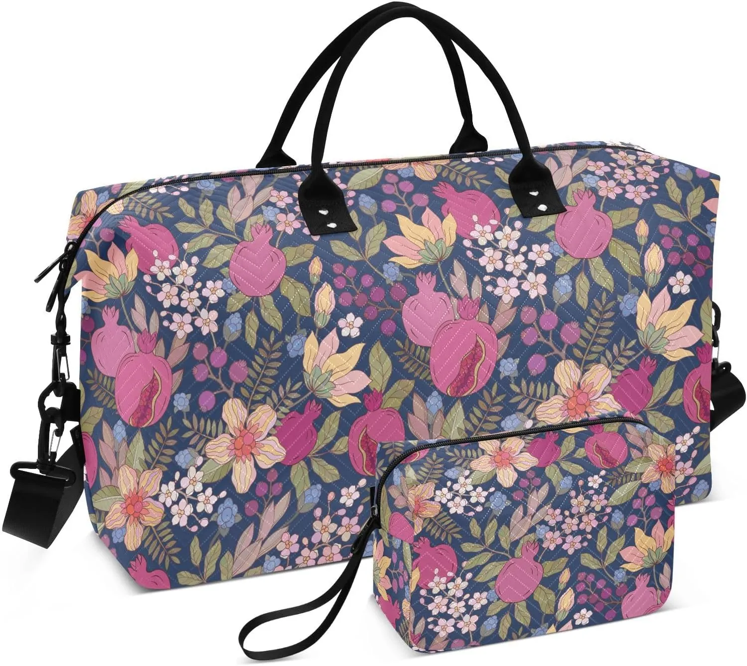 VIGTRO Travel Duffel Bag Weekender Overnight Bag with Toiletry Bag Pomegranate Flowers Pattern Printed, Carry On Luggage Bag Elegant for Hospital Gym Travel Business, 2 Pcs Set