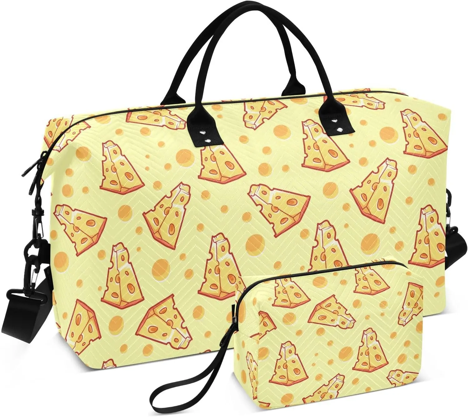 VIGTRO Travel Duffel Bag Weekender Overnight Bag with Toiletry Bag Slice Of Cheese Printed, Carry On Luggage Bag Light Yellow for Hospital Gym Travel Business, 2 Pcs Set
