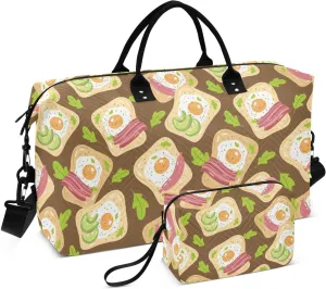 VIGTRO Travel Duffel Bag Weekender Overnight Bag with Toiletry Bag Tasty Breakfast Toasts Printed, Carry On Luggage Bag for Hospital Gym Travel Business, 2 Pcs Set