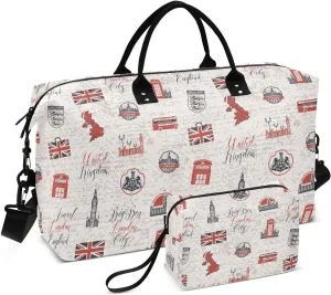VIGTRO Travel Duffel Bag Weekender Overnight Bag with Toiletry Bag Travel London City Printed, Carry On Luggage Bag Building Sign for Hospital Gym Travel Business, 2 Pcs Set