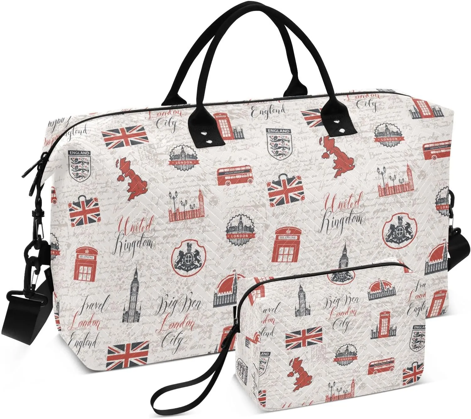 VIGTRO Travel Duffel Bag Weekender Overnight Bag with Toiletry Bag Travel London City Printed, Carry On Luggage Bag Building Sign for Hospital Gym Travel Business, 2 Pcs Set
