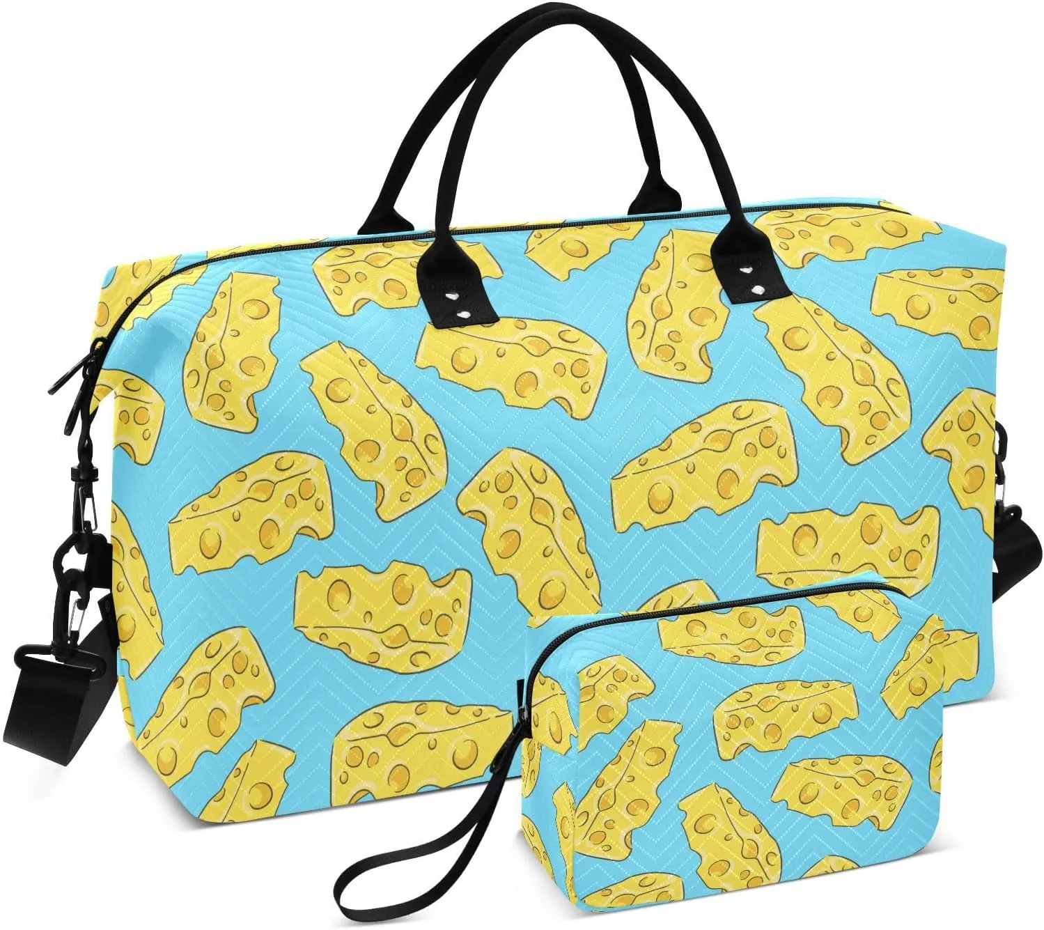 VIGTRO Travel Duffel Bag Weekender Overnight Bag with Toiletry Bag Yellow Pattern Of Cheese Printed, Carry On Luggage Bag for Hospital Gym Travel Business, 2 Pcs Set
