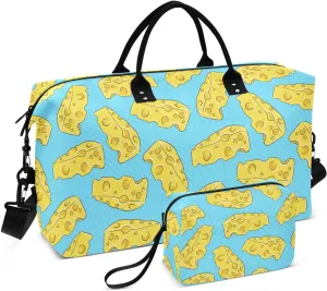VIGTRO Travel Duffel Bag Weekender Overnight Bag with Toiletry Bag Yellow Pattern Of Cheese Printed, Carry On Luggage Bag for Hospital Gym Travel Business, 2 Pcs Set