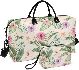 VIGTRO Weekender Bag Travel Duffle Bag for Women Men Tropic Summer Flower Printed, Overnight Bag for Gym Work with Toiletry Bag, Pink 2 PCS Set