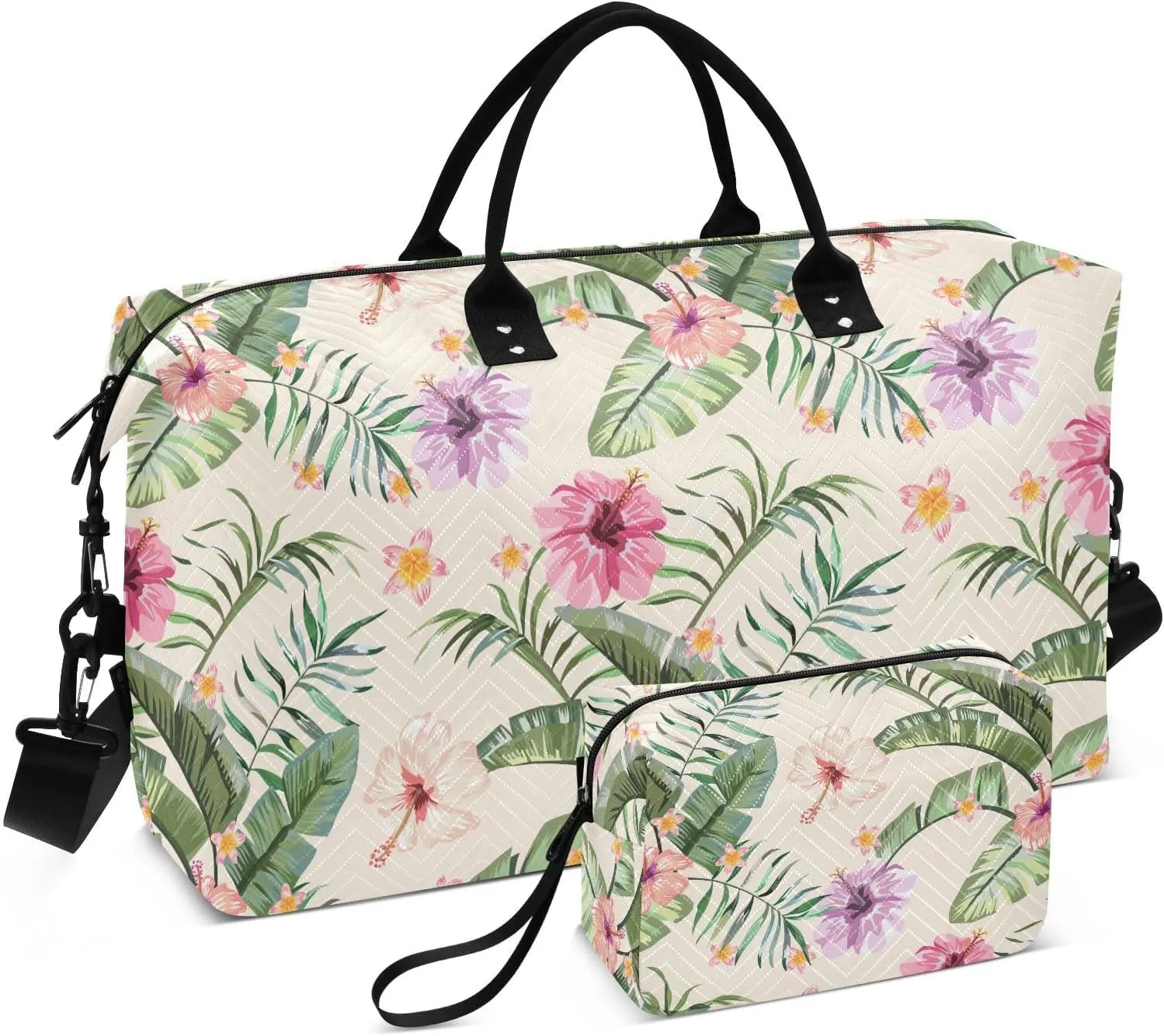 VIGTRO Weekender Bag Travel Duffle Bag for Women Men Tropic Summer Flower Printed, Overnight Bag for Gym Work with Toiletry Bag, Pink 2 PCS Set