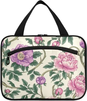 Vintage Pink Flowers Green Leaves William Morris Style hanging travel toiletry bag for women with hook, designer multifunctional hanging toiletry bag for trip essentials toilet estuche de