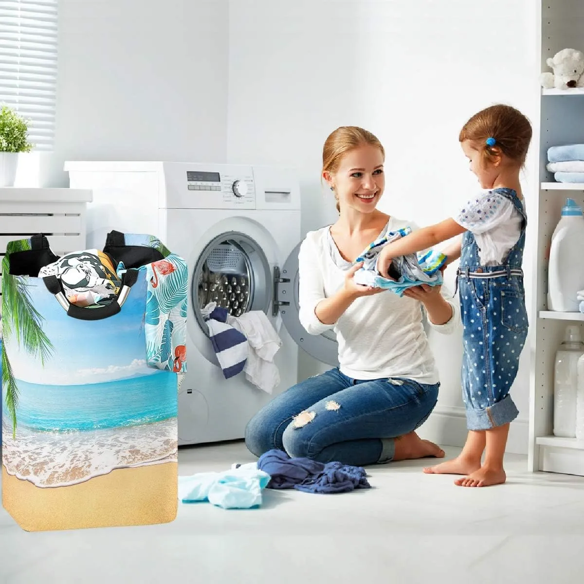 visesunny Coconut Leaf Sea Beach 3D Print Large Laundry Hamper with Handle Foldable Laundry Basket Toys and Clothing Organization for Bathroom, Bedroom, Home, Dorm, Travel