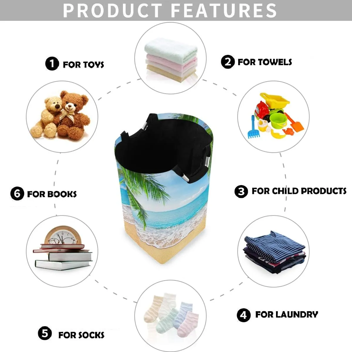 visesunny Coconut Leaf Sea Beach 3D Print Large Laundry Hamper with Handle Foldable Laundry Basket Toys and Clothing Organization for Bathroom, Bedroom, Home, Dorm, Travel