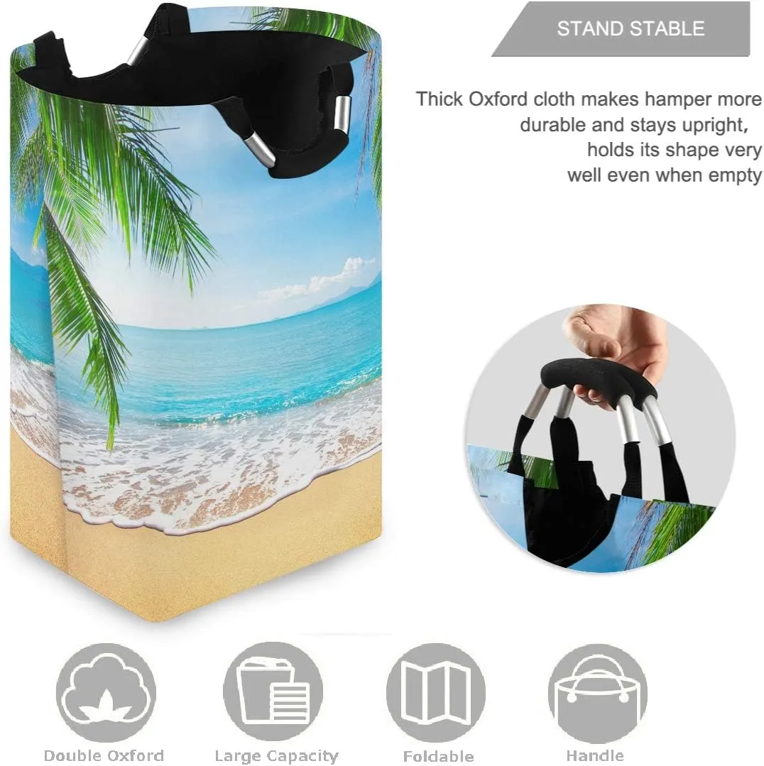 visesunny Coconut Leaf Sea Beach 3D Print Large Laundry Hamper with Handle Foldable Laundry Basket Toys and Clothing Organization for Bathroom, Bedroom, Home, Dorm, Travel
