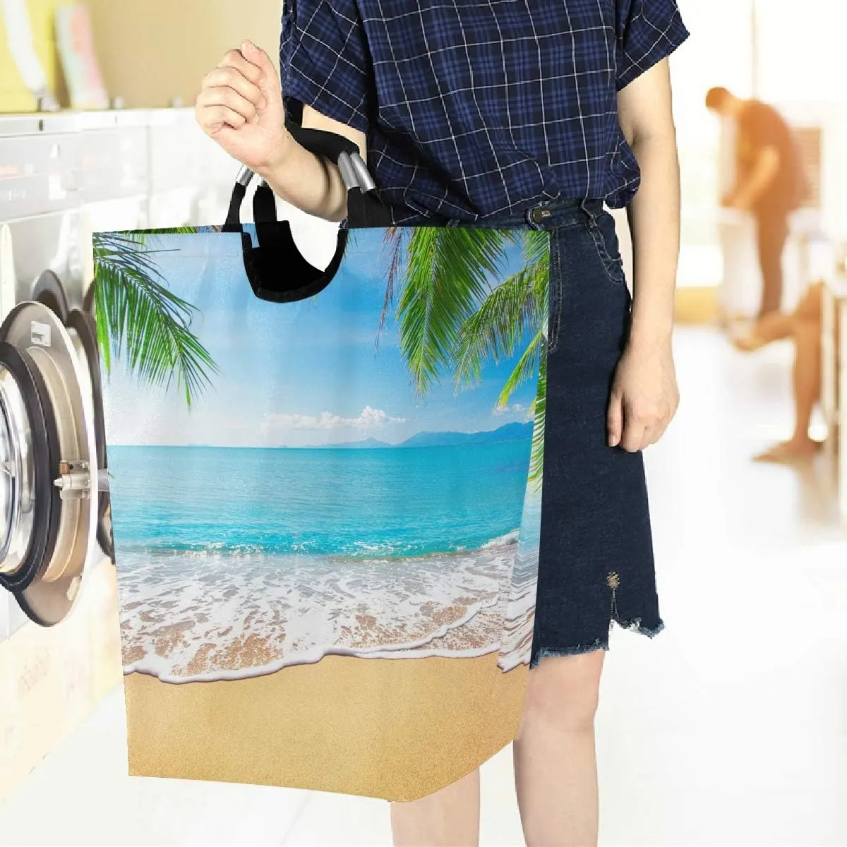 visesunny Coconut Leaf Sea Beach 3D Print Large Laundry Hamper with Handle Foldable Laundry Basket Toys and Clothing Organization for Bathroom, Bedroom, Home, Dorm, Travel