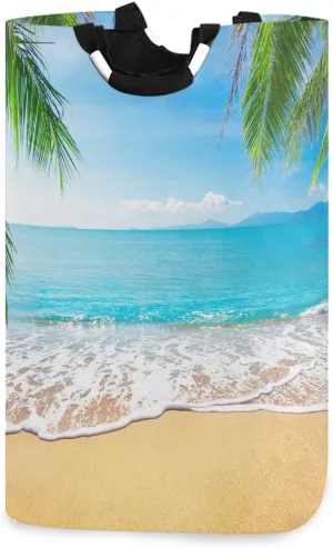 visesunny Coconut Leaf Sea Beach 3D Print Large Laundry Hamper with Handle Foldable Laundry Basket Toys and Clothing Organization for Bathroom, Bedroom, Home, Dorm, Travel