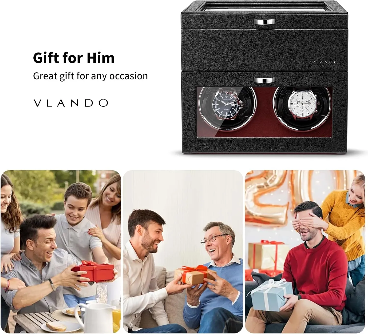 Vlando Automatic Double Watch Winder with 8 Watch Slot - Watch Box with Glass Lid, Japanese Quiet Motor, LED Light, Adjustable Watch Pillows, Usb Type-C - Red