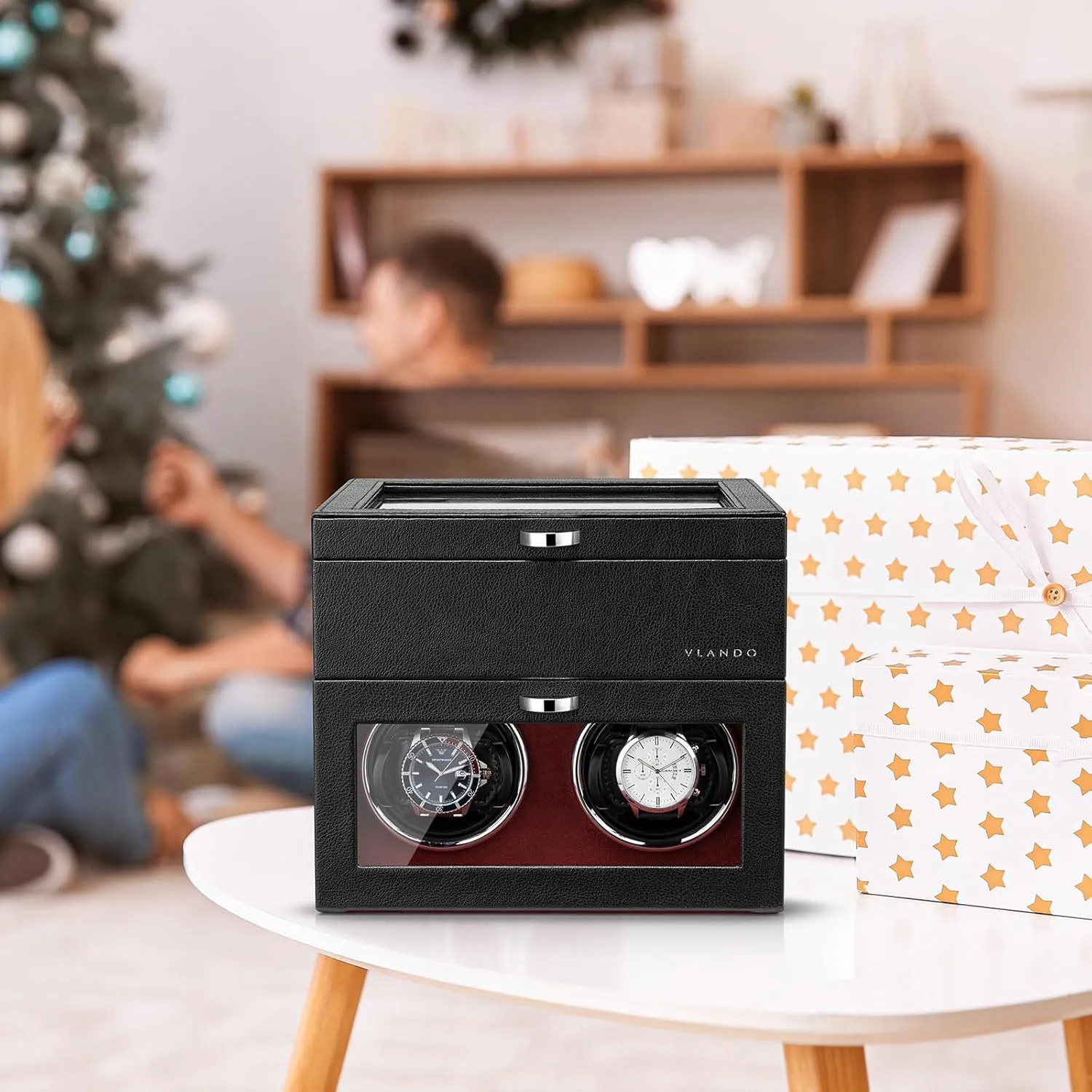 Vlando Automatic Double Watch Winder with 8 Watch Slot - Watch Box with Glass Lid, Japanese Quiet Motor, LED Light, Adjustable Watch Pillows, Usb Type-C - Red