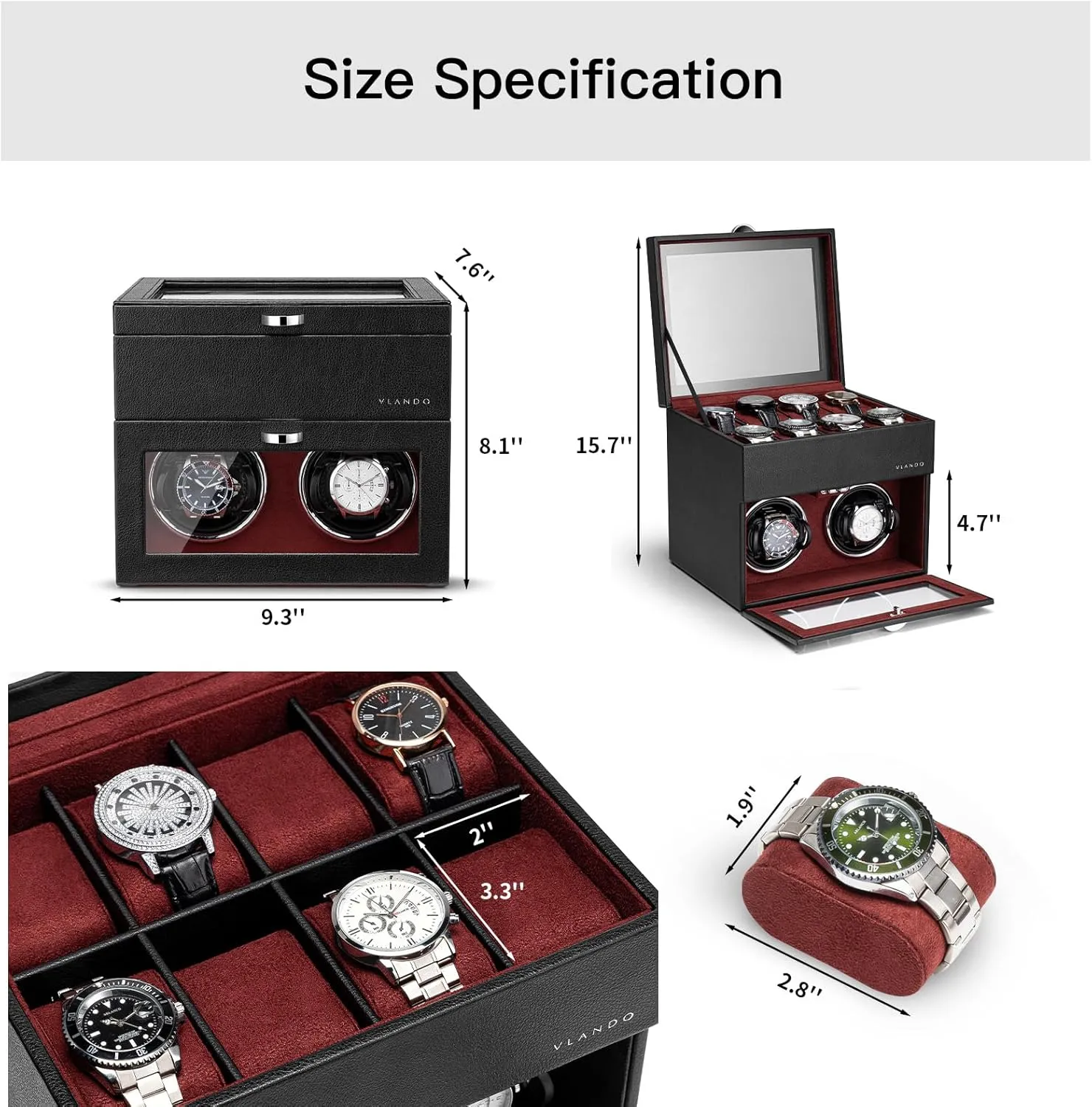 Vlando Automatic Double Watch Winder with 8 Watch Slot - Watch Box with Glass Lid, Japanese Quiet Motor, LED Light, Adjustable Watch Pillows, Usb Type-C - Red