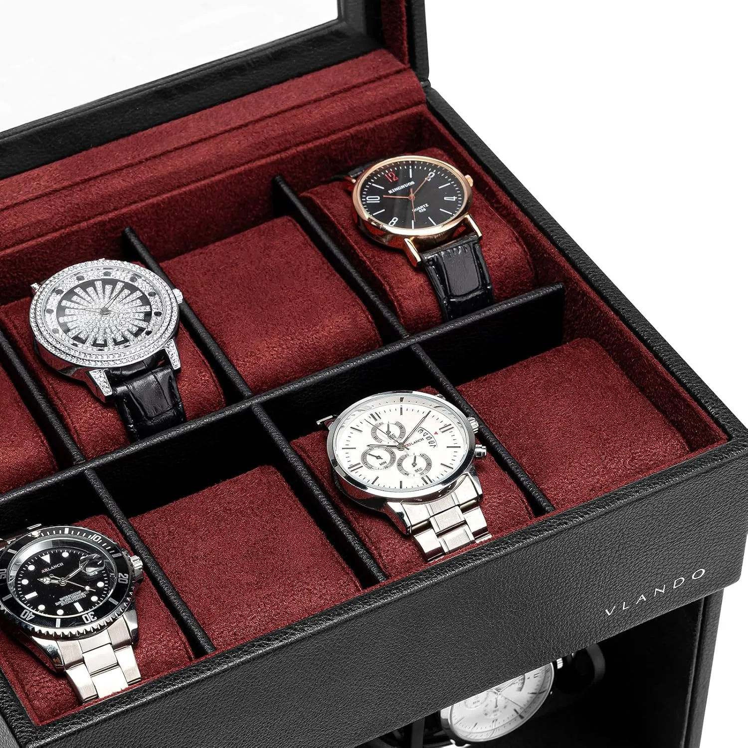 Vlando Automatic Double Watch Winder with 8 Watch Slot - Watch Box with Glass Lid, Japanese Quiet Motor, LED Light, Adjustable Watch Pillows, Usb Type-C - Red
