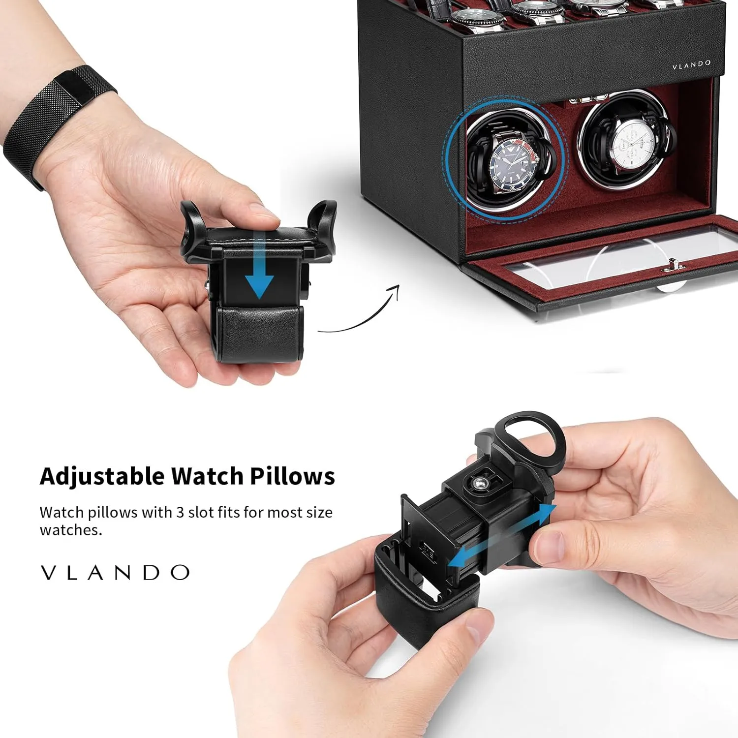 Vlando Automatic Double Watch Winder with 8 Watch Slot - Watch Box with Glass Lid, Japanese Quiet Motor, LED Light, Adjustable Watch Pillows, Usb Type-C - Red
