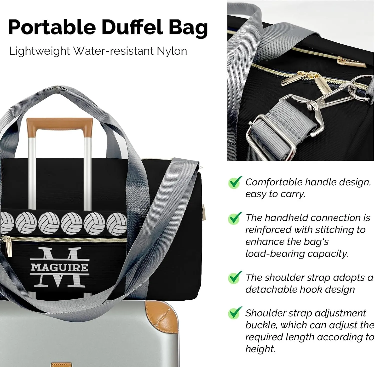 Volleyball Monogram Letter Personalized Duffel Bag with Name Custom Travel Bag for Women Men Sports Gym Dance Bags Wet Dry Pockets Shoes Compartment Overnight Weekend Bag Gift