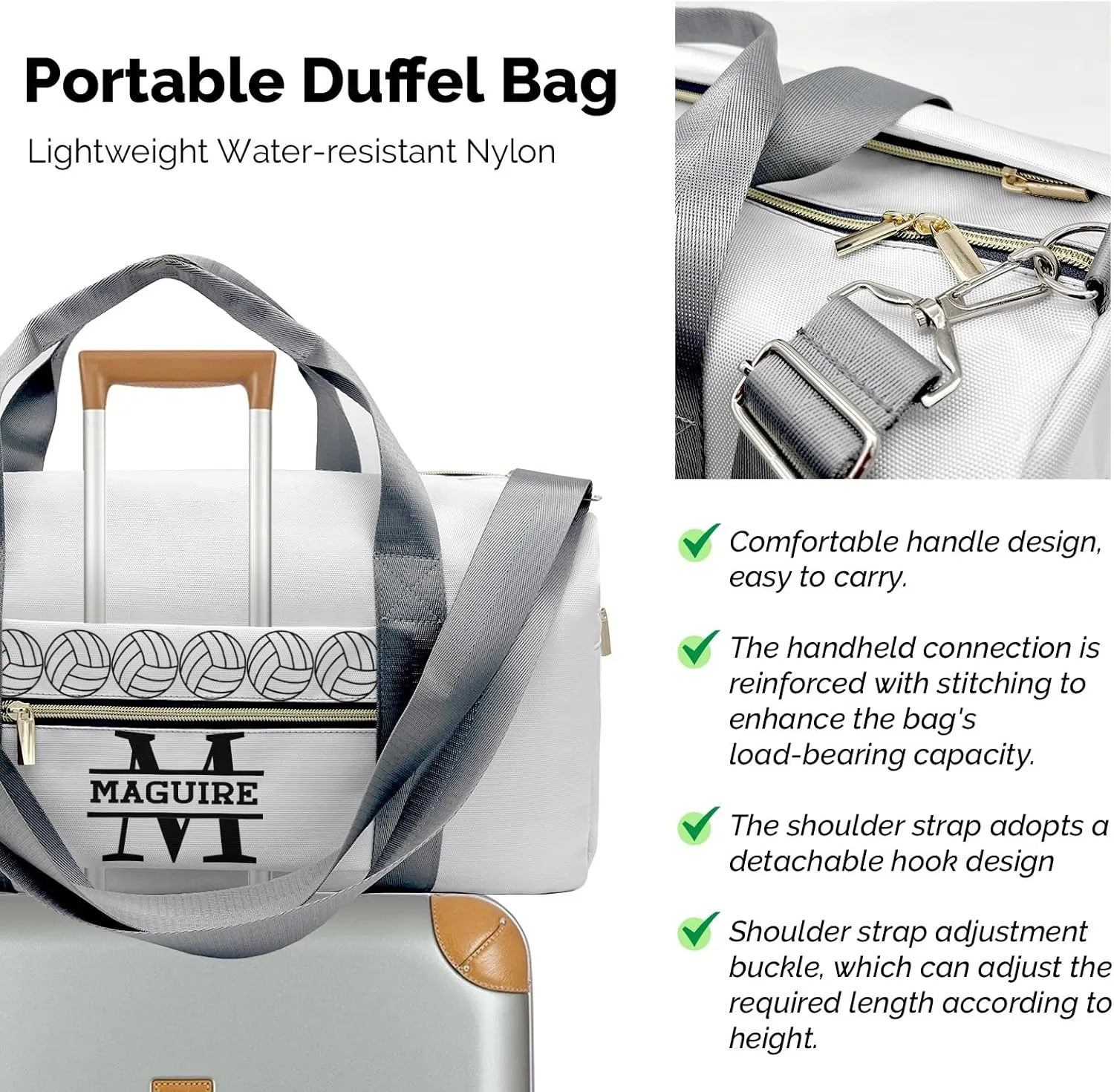 Volleyball Monogram White Personalized Duffel Bag with Name Custom Travel Bag for Women Men Sports Gym Dance Bags Wet Dry Pockets Shoes Compartment Overnight Weekend Bag Gift