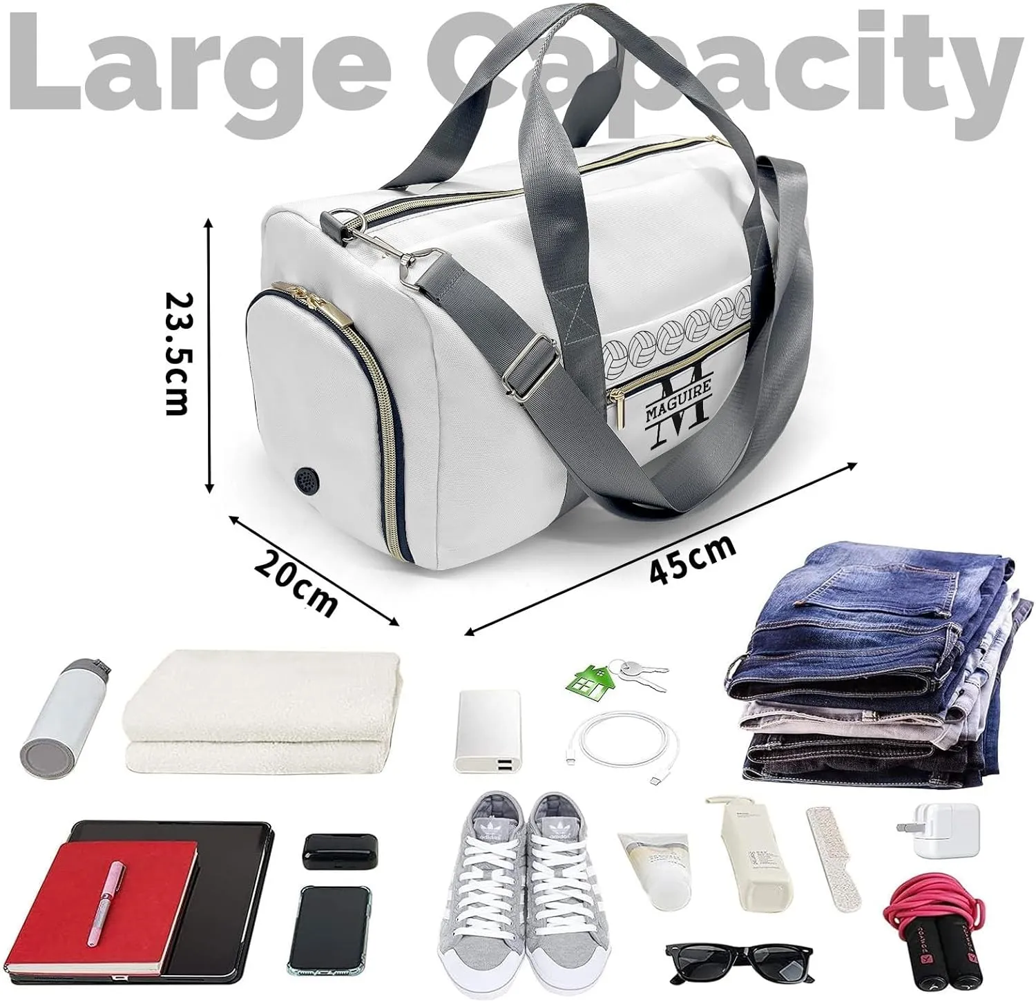 Volleyball Monogram White Personalized Duffel Bag with Name Custom Travel Bag for Women Men Sports Gym Dance Bags Wet Dry Pockets Shoes Compartment Overnight Weekend Bag Gift
