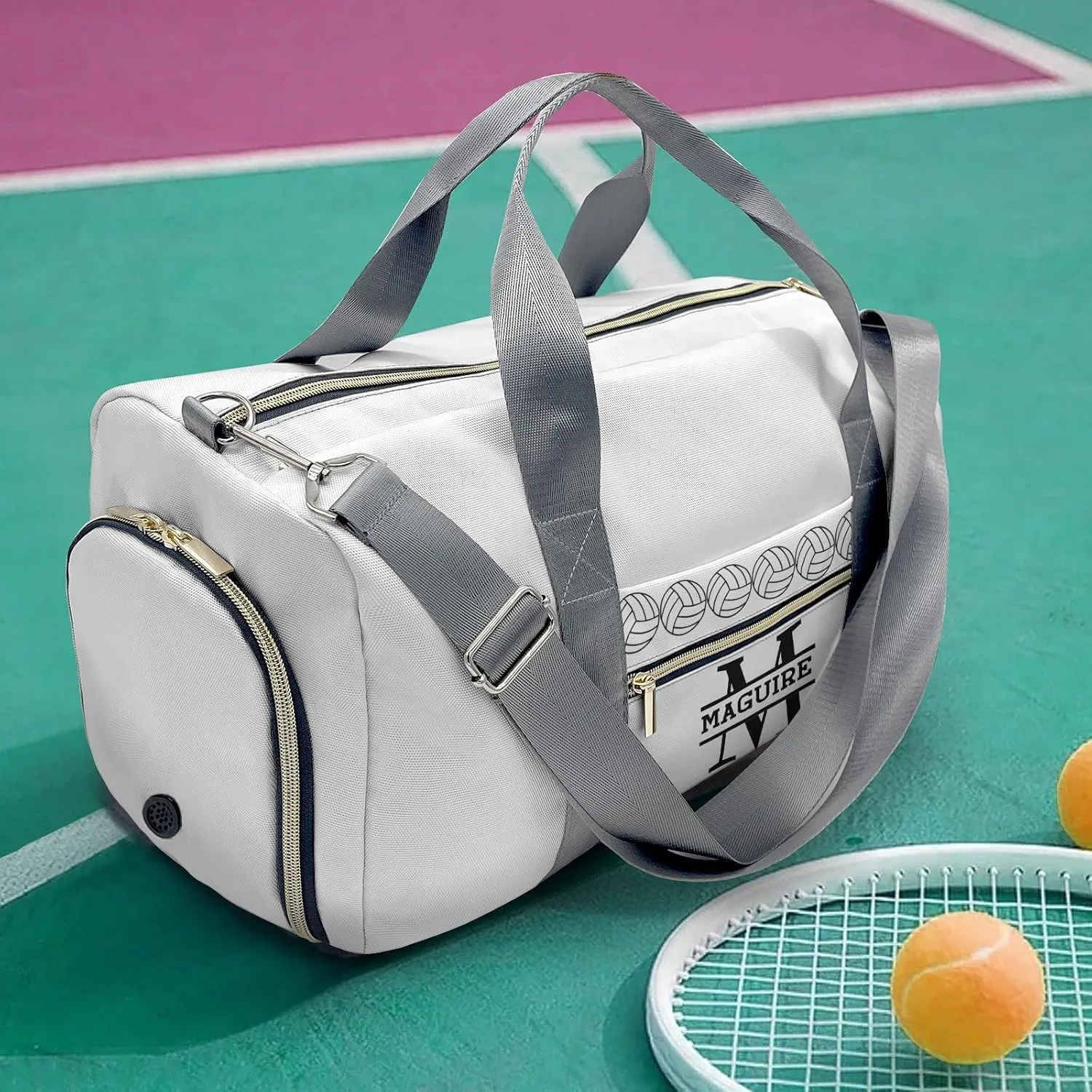 Volleyball Monogram White Personalized Duffel Bag with Name Custom Travel Bag for Women Men Sports Gym Dance Bags Wet Dry Pockets Shoes Compartment Overnight Weekend Bag Gift
