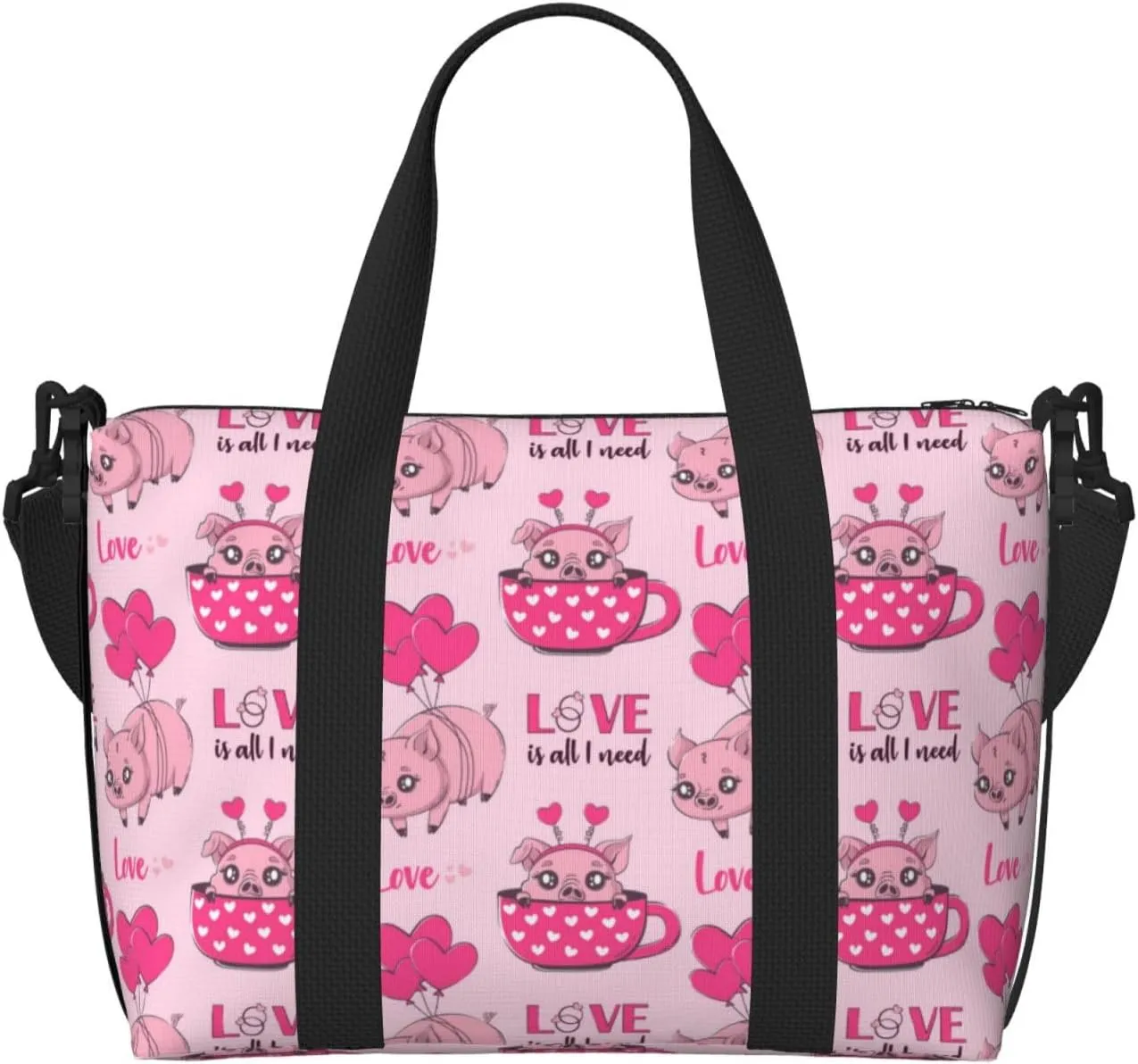 VOSERY Laptop Tote Bag for Women Work - Cute Pig With Tea Cup Balloon Gym Bag for Women Men, Personal Item Crossbody Travel Bags for Women Men Carry On, Overnight Weekender Bags for Women Travel