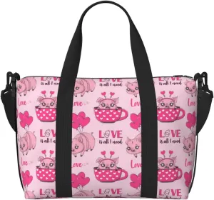 VOSERY Laptop Tote Bag for Women Work - Cute Pig With Tea Cup Balloon Gym Bag for Women Men, Personal Item Crossbody Travel Bags for Women Men Carry On, Overnight Weekender Bags for Women Travel