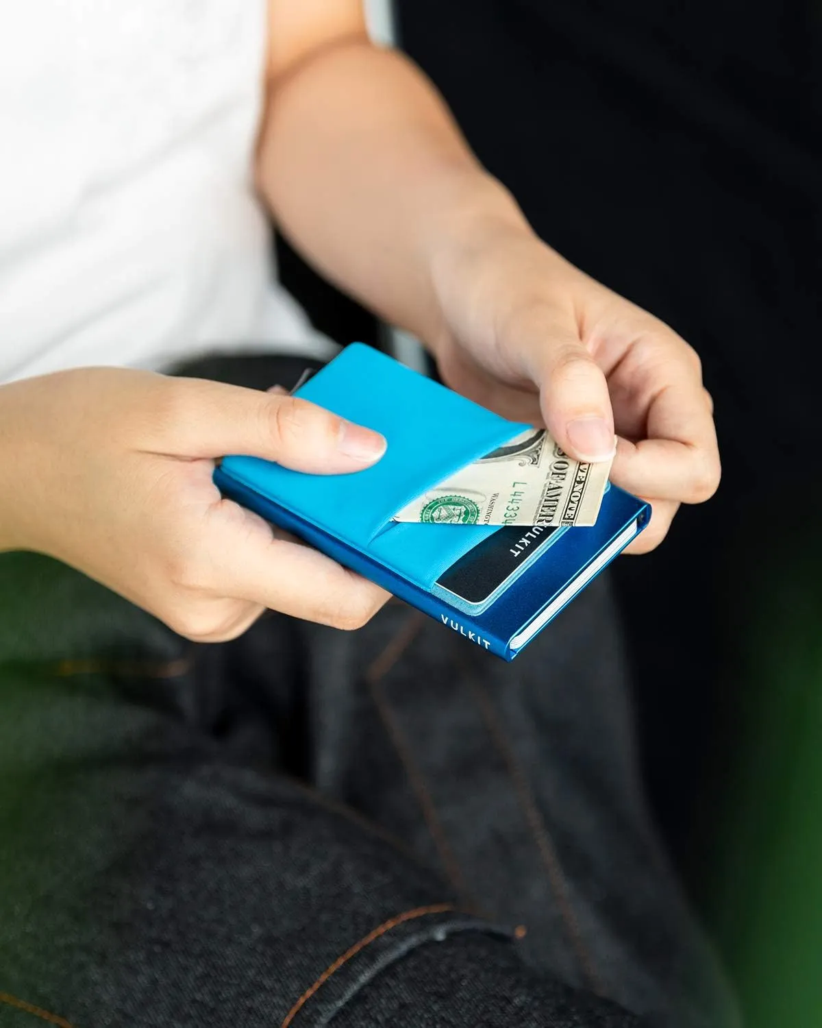 VULKIT Card Holder with Money Pocket Pop Up Wallet RFID Blocking Slim Metal Bank Card Case Holds 5 Cards and Notes(Blue)