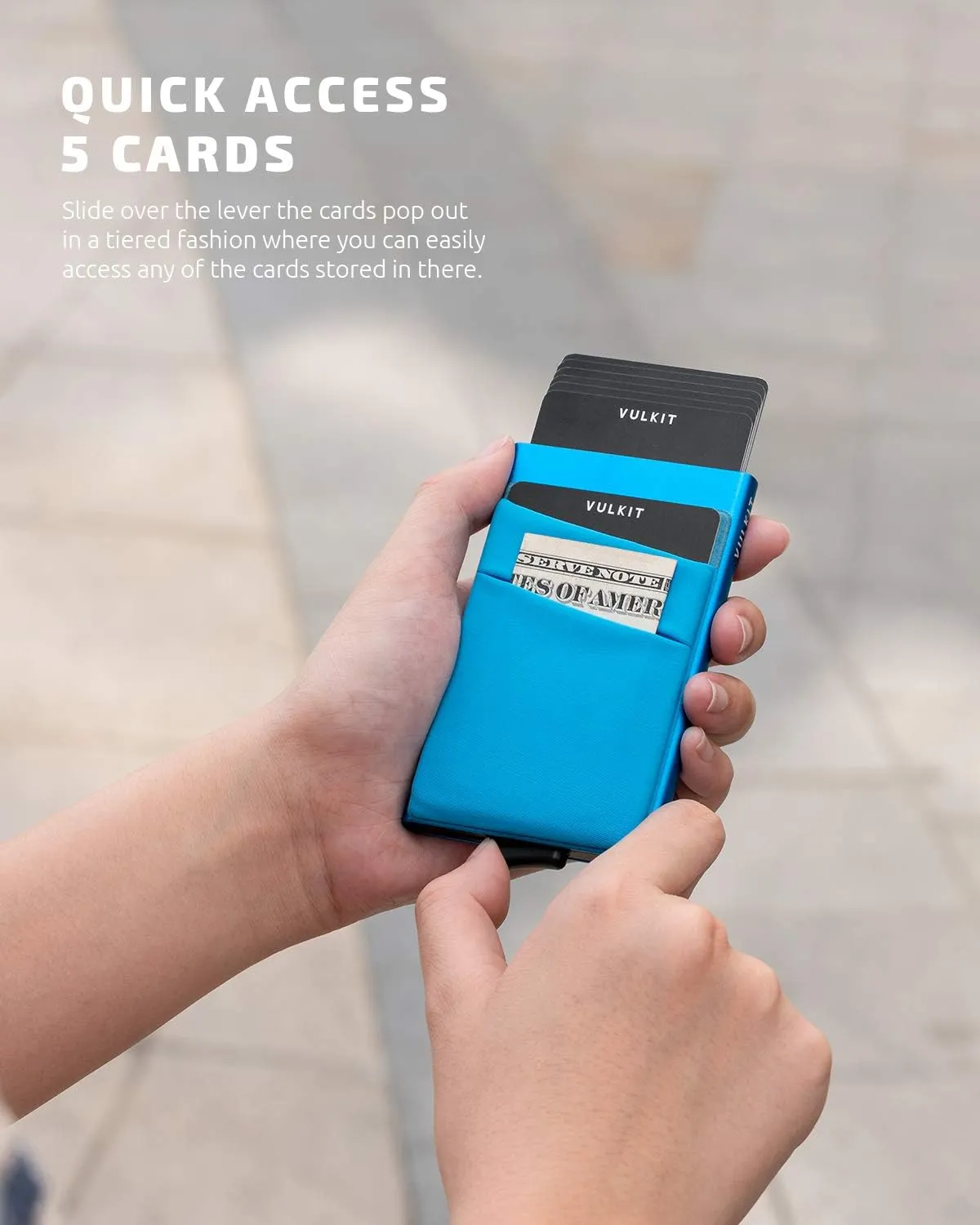 VULKIT Card Holder with Money Pocket Pop Up Wallet RFID Blocking Slim Metal Bank Card Case Holds 5 Cards and Notes(Blue)