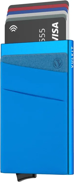 VULKIT Card Holder with Money Pocket Pop Up Wallet RFID Blocking Slim Metal Bank Card Case Holds 5 Cards and Notes(Blue)