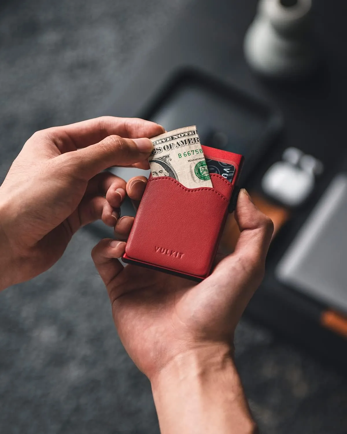 VULKIT Credit Card Holder Minimalist Slim Pop Up Wallet with Leather Slots RFID Blocking for Men and Women Holds 7 Cards and Notes Red