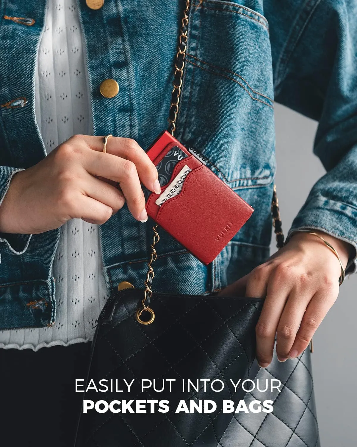VULKIT Credit Card Holder Minimalist Slim Pop Up Wallet with Leather Slots RFID Blocking for Men and Women Holds 7 Cards and Notes Red